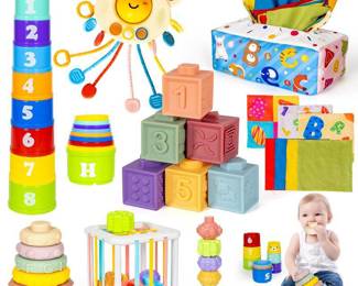 GJOF2YK 6 in 1 Montessori Toys for Babies 612 Months Stacking Block Soft Infant Ring Shape Learning Sensory Bin Pull String Teething Toy Tissue Box for Toddlers 1 2 3 Year Old Boy Girl Gift