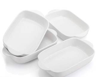 Foraineam 4 Pieces Bakeware Set, White Porcelain Baking Dish Bowl, 7.5 x 5 inch Rectangular Baking Pans for Cooking, Banquet and Daily Use