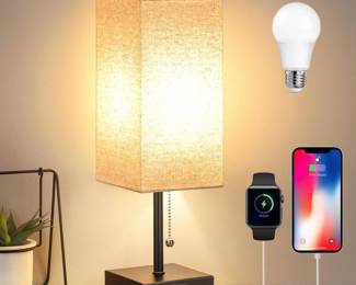 GGOYING Bedside Table Lamp, Pull Chain Table Lamp with USB C+A Charging Ports, 2700K LED Bulb, Fabric Linen Lampshade, Nightstand Lamp for Livingroom Bedroom Office Reading Working