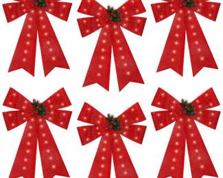 Cunno 6 Pcs LED Christmas Bows Outdoor Decorations 22 x 15 Inch Inch Glitter Christmas Tree Ornaments Bows with Pine Cones LED Lights Christmas Wreath Bows PVC Xmas Bows Indoor Outdoor Home(Red)