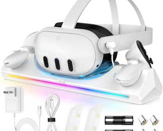 JHZWD 3 in 1 Charging Dock for Meta/Oculus Quest 3, 30W Fast Charging Station for Meta Quest 3 Headset Controllers and Other USB Device VR Accessories, RGB Charging Stand with Rechargeable Batteries