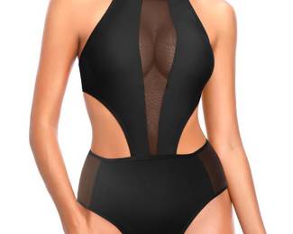 Tempt Me Women One Piece Sexy Mesh Swimsuit Black High Neck Halter Monokini L