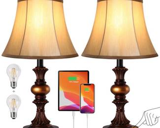Touch Control Traditional Table Lamp Set of 2, Vintage Bedside Lamps with Dual USB Charging Ports, 3-Way Dimmable Bronze Finish Desk Lamps with Bell Shape Faux Silk Shade for Living Room, Bedroom - Retail: $88.35