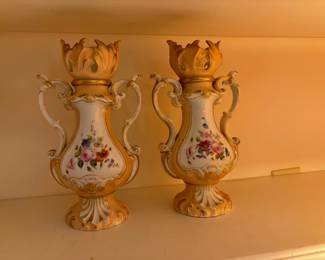 Pair of Antique Peach French Porcelain Mantle Vases $100