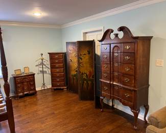 Universal Furniture  high boy chest of drawers; brass valet; leather 4-panel screen/room divider