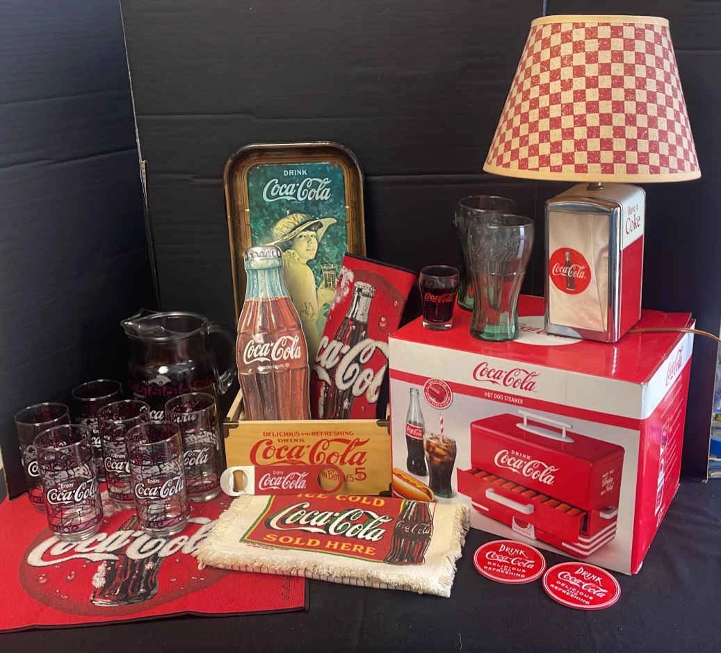 CocaCola Collectibles, Glasses  Pitcher Set, Hot Dog Steamer, Lamp,  More