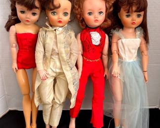 4 Vintage Unida Dollikin Rubber Face Dolls, Joint Body Movement Composition Hard Plastic Body