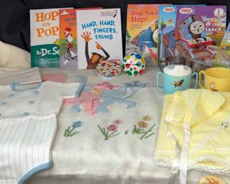 Vintage Tommy Tippee Training Cup, Silver Plate Baby Cup, Baby Blanket, Dr. Seuss Books