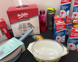 Pyrex Dish, Mrs.Fields Bowls, Crofton Pan, Mason Caps
