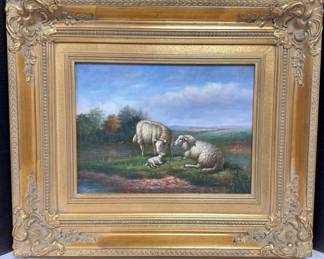 Family Moment, B. Meyne Painting, Signed in Ornate Gold Frame