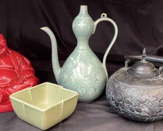 Laughing Budda, Vintage Korean Celadon Porcelan Wine Pot, Metal Tea Kettle