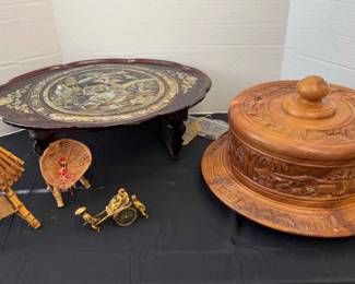 Bed Tray With Inlaid Design On Wood, Carved Round Box