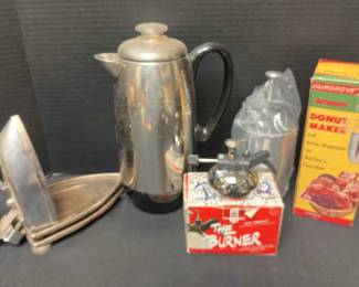 Vintage Batter Dispenser, Electric Perculator, Vintage Electric Iron, Burner