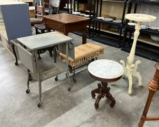 Marble Top Side Table & Metal Bench - Wood Plant Stand