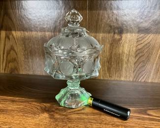 Uranium Glass - Fostoria Coin Clear Glass Pedestal Candy Dish