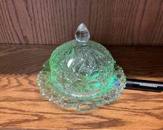 Uranium Clear Glass Covered Butter Dish