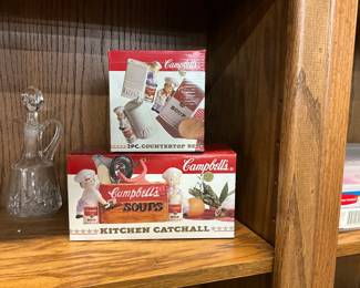 Campbells Soup 3 pc Salt & Pepper Shakers & Spoon Rest and  a Campbells Soup Catchall Container