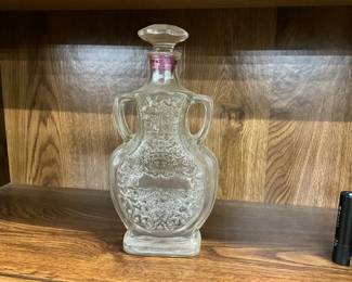Clear Glass Raised Floral Pattern Double Handled Decanter