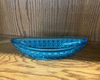 Blue Cut Glass Serving Dish - Button & Cane Design