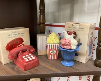 Ceramic Salt & Pepper Shakers - Telephone - Popcorn & Box - Ice Cream Sundae 