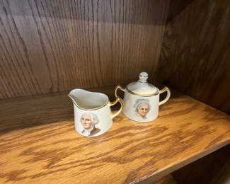 George & Martha Washington Ceramic Creamer and Lidded Sugar Bowl