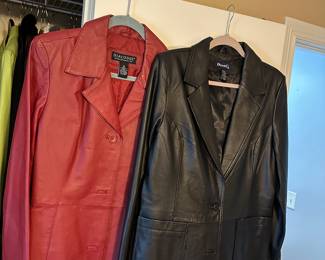 Leather coats. Over a dozen leather coats, several colors! Most of the clothes are size medium but there are some smalls, there are some large. 