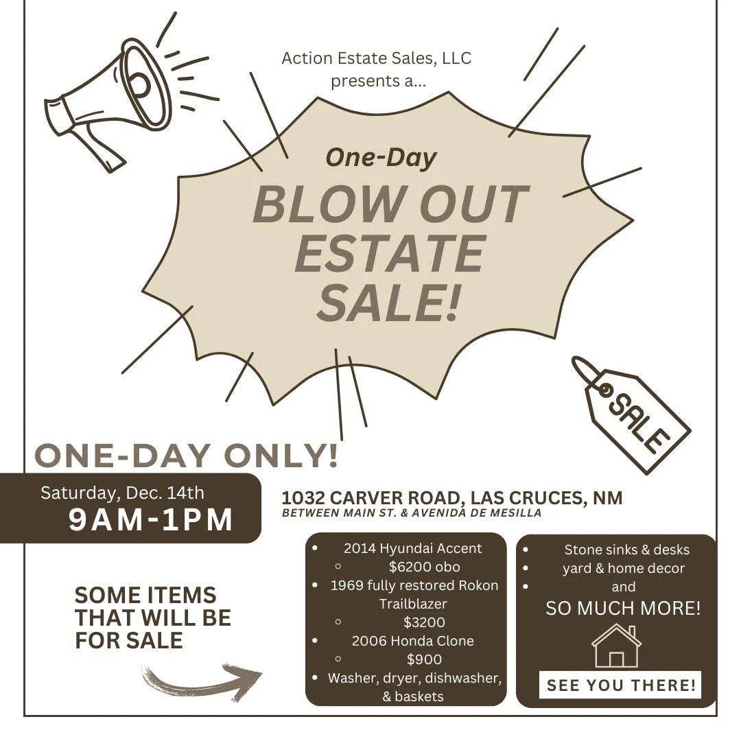 Estate Sale Las Cruces, Blowout Estate Sale, Rokon Trailblazer for Sale, Used Hyundai Accent, Las Cruces Deals, Yard and Home Décor Sale, Washer Dryer Sale, One-Day Estate Sale NM.