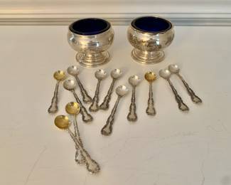 Cobalt blue sterling silver small bowls and 12 salt spoons set
