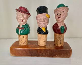 3 Vintage Figural Cork and Wood Wine Stoppers