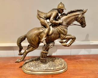 Large Bronze Statue Sculpture Jockey Rider on Jumping Horse 