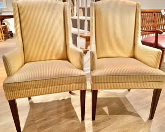 Pair of Vintage Pin Striped, Custom Upholstered Arm Chairs