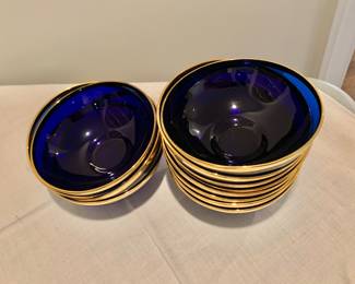 Cobalt Blue Gold Rimmed Glass Bowls