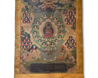 19th c. Vairocana Buddha Thangka - Blue Buddha surrounded by 16 bodhisattvas with long inscription on bottom black panel.