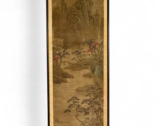 Chinese Late Ming Dynasty (16th-17th Century) Scroll Painting by student of the Blue/Green School (#2).  Landscape view with mountains in upper portion.  Ink on paper with colored highlights. 8' x 2' - Fair condition.