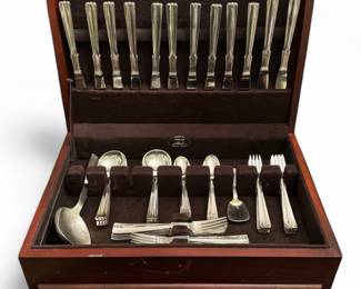 "Baronet Aka Arvesolv" by Hans Hansen - 62-Piece Danish Sterling Silver Flatware Set - includes 12 each dinner knives, dinner forks, salad forks, soup spoons, and teaspoons, plus 1 sugar spoon and 1 large serving spoon  