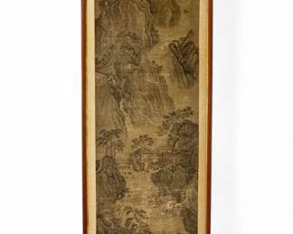 Chinese late Ming Dynasty (16th-17th c.) Scroll Painting (1) by Artist of the Blue/Green School.  Attributed to a painter of the Wu family.  Depicts landscape scene with  mountains, pavillions and waterways; with calligraphic inscription.  Of very fine quality with superior brushwork.  Approx. 8' x 2' - Fair condition - imperfections throughout