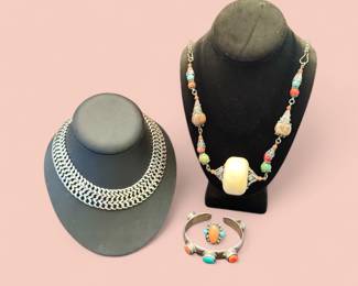 Vintage Sanborn Fred Davis sterling necklace; Tibetan silver necklace with carved bone discular bead, turquoise, coral and wooden beads; Silver ring with turquoise and coral, Bracelet with coral and turqouise