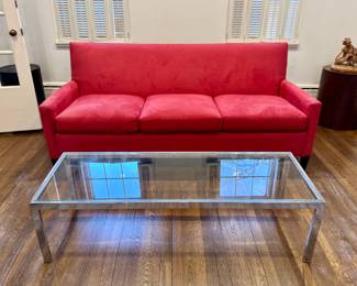 PAIR of matching Crate & Barrel  red suede Sofas and pair of Chrome and Glasstop Coffee Tables  