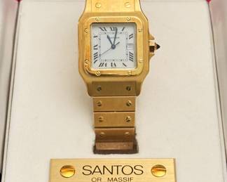 White enamel dial with black Roman numerals; date train; blued steel hands; sweeping second hand, sapphire cabochon winding system; automatic movement. Case no. 99690 - 1 1/8" square. Reverse engraved, "To Stan, A Winner. Love Rick and Sandra"