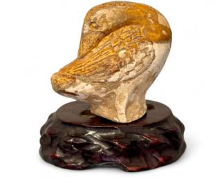 Chinese Tang Dynasty (8th-9th c.) pottery figure of a goose with wings glazed in gold and white. H: 2.5" - Fair condition