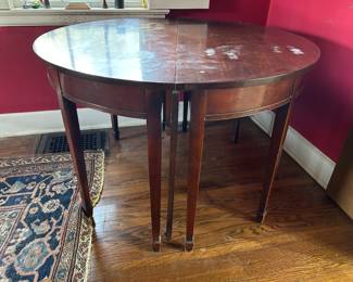 Drexel New Travis Court banquet table. Pair of demilune tables, one with a drop leaf which connects to the second. Has some finish issues