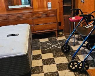 Dresser with mirror various health care items, small pine shelf.