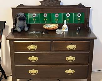 English mahogany wash stand/dresser with tile back splash