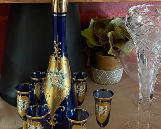 VENETIAN ITALIAN DECANTER WITH 6 GLASSES-COBALT BLUE & 24K GOLD