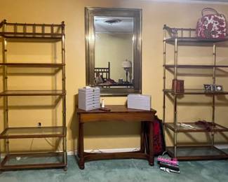 MCM BELLA MODERN BRASS & GLASS ETAGERES, ACCENT TABLE, MIRROR, JEWELRY BOXES