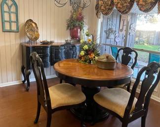 FRENCH COUNTRY PEDESTAL TABLE WITH LEAF AND 5 CHAIRS