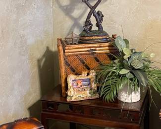 SAFARI THEME DECOR , ACCENT TABLE, CONTEMPORARY MONKEY LAMP-SEE NO EVIL, HEAR NO EVIL, SPEAK NO EVIL, FAUX GREENERY, STORAGE TRUNKS