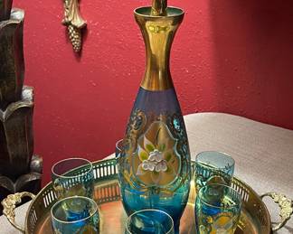 VINTAGE ITALIAN ART GLASS DECANTER & 6 GLASSES 22K GOLD ACCENTS