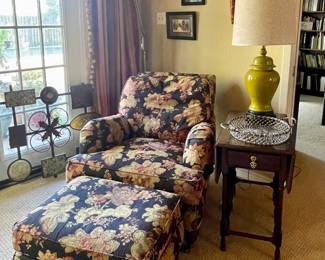 UPHOLSTERED ACCENT CHAIR BY WESLEY HALL INCORPORATED, DREXEL DROP LEAF TABLE