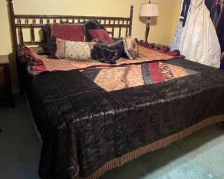 CUSTOM KING SIZE COMFORTER SET WITH ACCENT PILLOWS, KING SIZE SPLIT MATTRESS, MCM CENTURY FURNITURE KING BAMBOO HEADBOARD